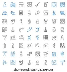 housework icons set. Collection of housework with paint roller, window cleaner, detergent, brushes, bucket, washing machine, dustpan, brush. Editable and scalable housework icons.