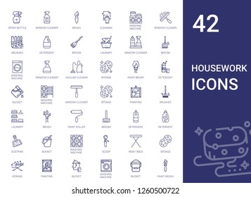 housework icons set. Collection of housework with spray bottle, window cleaner, brush, cleaning, washing machine, brushes, detergent, broom. Editable and scalable housework icons.