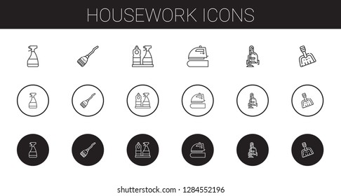 housework icons set. Collection of housework with window cleaner, broom, iron, vacuum cleaner, dustpan. Editable and scalable housework icons.