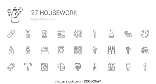 housework icons set. Collection of housework with window cleaner, toilet brush, brush, iron, washing machine, paint roller, sponge, painting. Editable and scalable housework icons.