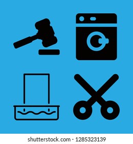 housework icons set with hammer, cross like opened scissor and washing machine vector set