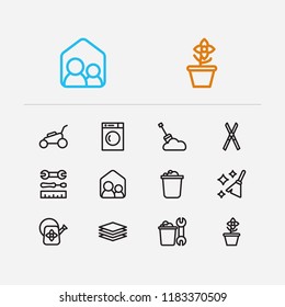 Housework icons set. Housekeeping tool and housework icons with cleaning, housekeeper and watering flower. Set of clear for web app logo UI design.