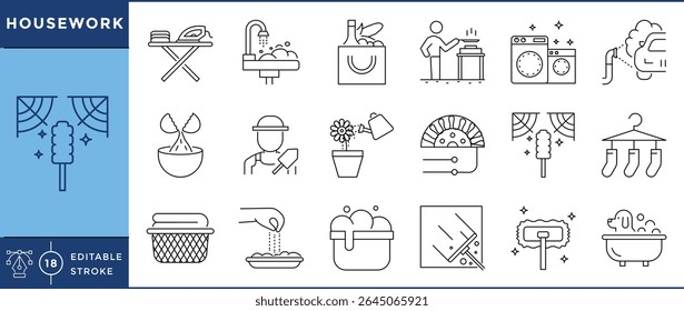 Conjunto de ícones de trabalho doméstico. Lavandaria, mercearia, cozinhar, limpar, tricô, jardinagem, cuidar de animais. Traçado editável de vetor.