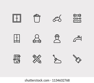 Housework icons set. Water crane and housework icons with window, instrument and clean office. Set of professional for web app logo UI design.