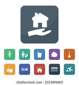 Housework icons. vector collection filled housework icons such as bucket, broom, bucket and broom, sponge, house clean, garbage stock, drying clothes, man with vacuum cleaner