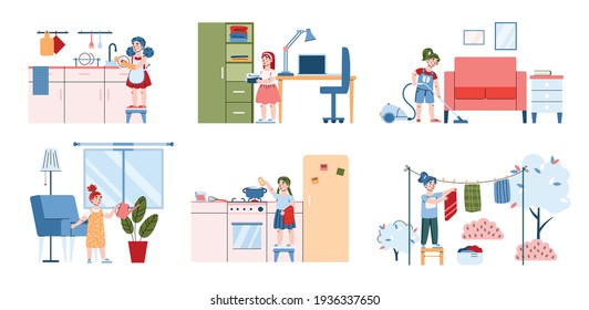 Housework for kids - home clean, washing, watering, cooking and vacuuming