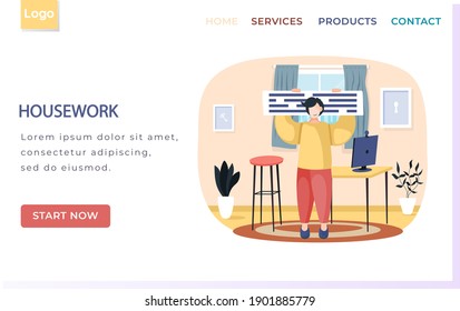 Housework landing page template with man proprietor standing in room holding notice board at home. Stay at tidy home flat vector. Family members together activity for hygiene and microbes disinfection