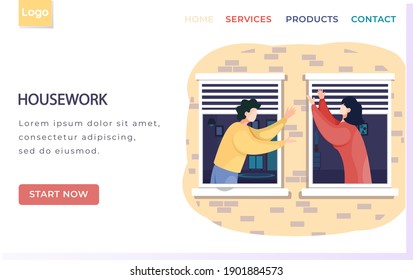 Housework landing page template with people neighbors standing near opened window hands up. Stay at tidy home. Family members together activity for hygiene and microbes disinfection, clean house