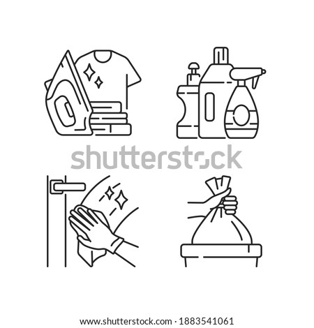 Housework linear icons set. Ironing clothing, washing window, taking out trash and cleaning products. Customizable thin line contour symbols. Isolated vector outline illustrations. Editable stroke