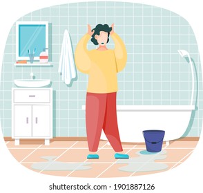 Housework man in bathroom washes floor scared poured water from bucket. Male character housekeeper cleaning bathroom. Householder, cleaner worker wipes tiles on floor, sanitary cleaning of house