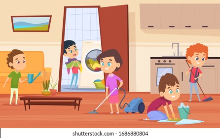 Housework with parents. Family couple mother father and kids making cleaning in house wash furniture brooming floor vector characters