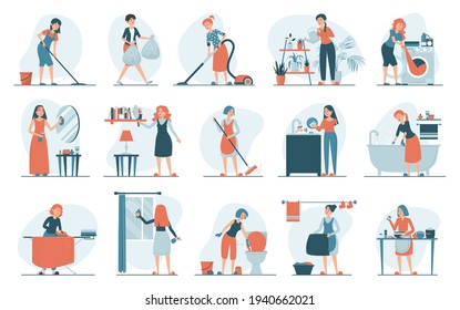 Housework set vector isolated. Collection of women doing house work. Vacuum cleaning, clothes ironing, cooking, wiping dust. Female characters cleaning window and mirror.