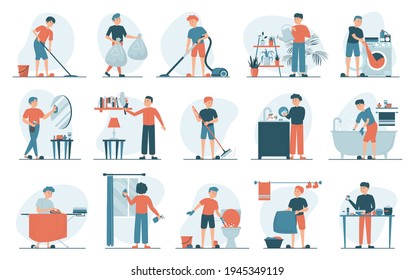 Housework set vector isolated. Collection of men doing house work. Vacuum cleaning, clothes ironing, cooking, wiping dust. Male characters cleaning window and mirror.