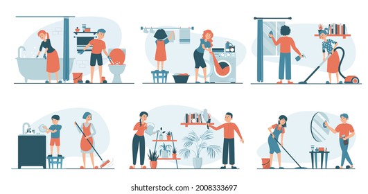 Housework set vector isolated. Collection of families doing house work. Vacuum cleaning, clothes ironing, cooking, wiping dust. Men, women and children doing chores together.