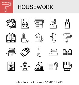 housework simple icons set. Contains such icons as Paint roller, Gloves, Washing machine, Bucket, Apron, Brush, Clean house, Glove, Roller paint, can be used for web, mobile and logo