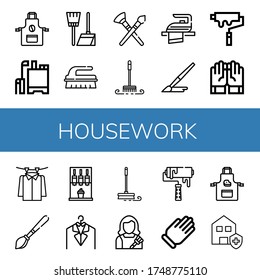 housework simple icons set. Contains such icons as Apron, Pesticide, Broom, Brush, Paint brush, Iron, Paint roller, Gloves, Laundry, Machine, can be used for web, mobile and logo