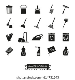 Housework Symbols Collection. Set of 20 Household Chores glyph Icons on white background