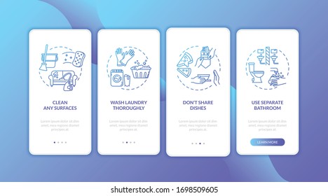 Housework tips onboarding mobile app page screen with concepts. Cleaning surfaces, separate bathroom walkthrough 4 steps graphic instructions. UI vector template with RGB color illustrations