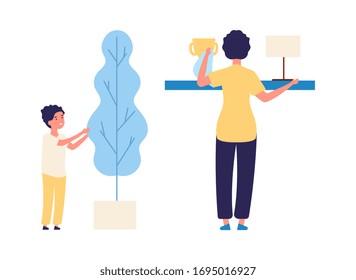 Housework together. Family cleaning, mother and son remove dust and care for plants vector illustration