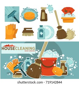 Housework tools vector icons of home washing, mopping and cleaning