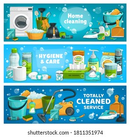 Housework utensils and laundry tools. Vector house cleaning supplies washing machine, basin with foam and toilet plunger. Wash detergent package, vacuum cleaner, gloves and brush, cartoon banners