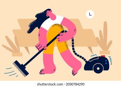 Housework and vacuum cleaning concept. Young smiling woman cartoon character making vacuum cleaner at home doing housework alone vector illustration 