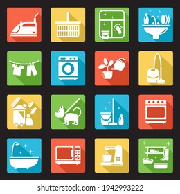 Housework vector icon set  with long shadow. White silhouette on a colored background.