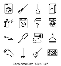 housework vector icons. Set of 16 housework outline icons such as washing machine, gloves, broom, vacuum cleaner, dustpan, mop, sponge, dust brush, roller