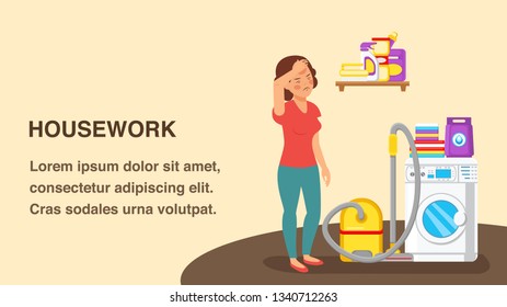 Housework Web Banner Flat Template with Text Space. Tired Housewife Cartoon Character. Washing Machine in Laundry. Vacuum Cleaner Vector Illustration. Household Chemicals on Shelf. Cleaning Supplies