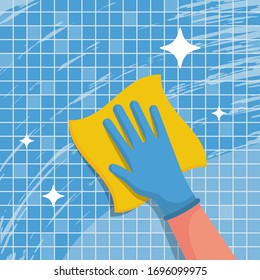 A housework worker wipes the tiles in the bathroom with napkin. Wipe with cloth. Blue gloves on the hands. Housekeeping service concept. Cleaning and disinfection. Vector illustration flat design. 