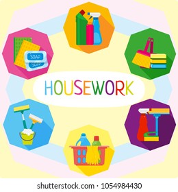 Housework.Cleaning service. Cleaning objects, flat icons. Vector illustration. 
