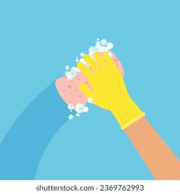 Houseworker wipes the surface. Hand with sponge in a protective rubber yellow glove. Cleaning and disinfection. Vector illustration in a flat style.