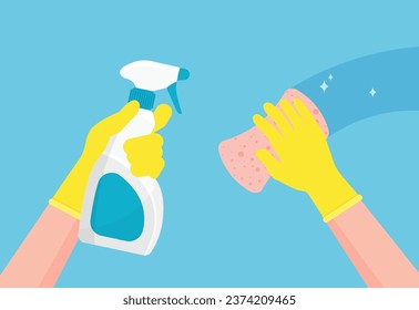 Houseworker wipes the surface. Hands in yellow gloves clean with spray and wipe. Cleaning and disinfection. Sanitizing home. Vector illustration in a flat style.