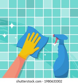 Houseworker wipes the surface with a napkin. Protective rubber yellow gloves on the hands. Cleaning with spray detergent. Hygiene home vector. Cleaning and disinfection. Housekeeping service concept. 