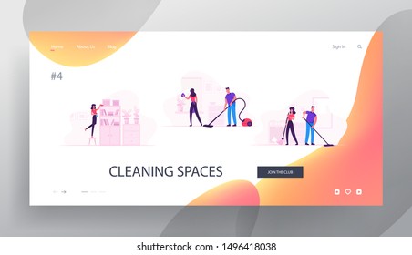 Houseworking Characters Cleaning Home Website Landing Page. Couple Everyday Routine. Home Duties and Chores, Mopping Wiping Dust and Vacuum Cleaning Web Page Banner. Cartoon Flat Vector Illustration