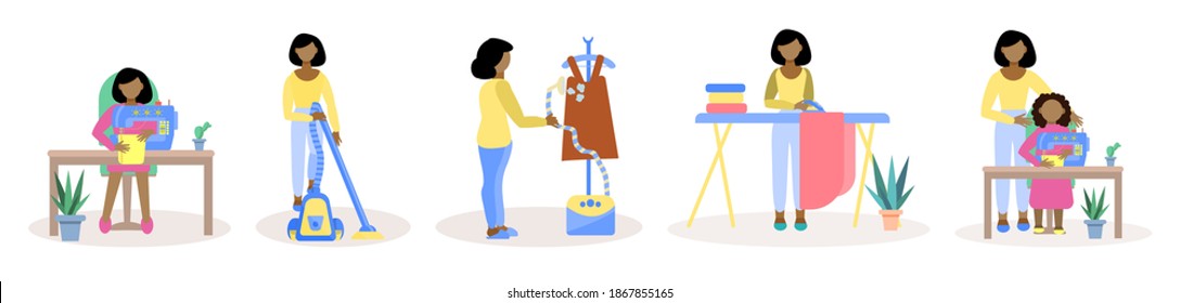 Housework.Young African-American woman cleans the house, irons clothes, sews, and helps her daughter with her homework. Vector set of Housework illustrations in flat style isolated on white background