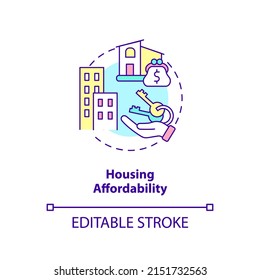 Housing affordability concept icon. Urban planning in green urbanism abstract idea thin line illustration. Housing market. Isolated outline drawing. Editable stroke. Arial, Myriad Pro-Bold fonts used