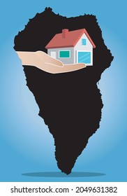Housing aid for La Palma, Canary Islands. Silhouette of La Palma with a hand holding a house