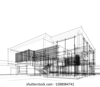 housing architecture drawings 3d illustration