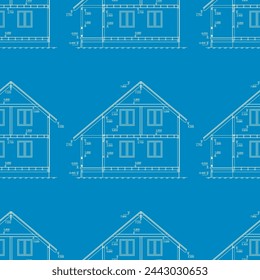 Housing architecture. Seamless pattern with house blueprint engineering drawings and plan on blue background. Structural engineering. Cottage plan. Texture template, wallpaper. vector illustration