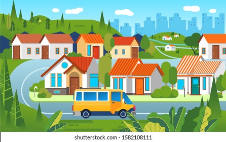 Housing complex with houses, tree, road, and car with cityscape as background. housing in suburbs with many tree around. use for poster, infographic and anything.
