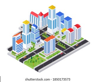 Housing complex - modern vector colorful isometric illustration. Quality urban landscape with apartment houses, high-rise blocks, road with cars. Real estate, city architecture, construction concept