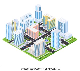Housing complex - modern vector colorful isometric illustration. Quality urban landscape with apartment houses, high-rise blocks, road with cars. Real estate, city architecture, construction concept