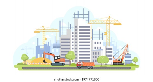 Housing complex under construction - flat design style illustration. Urban landscape with apartment houses, modern buildings, road. Images of special vehicles, crane, loader, truck. Real estate idea