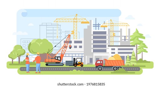 Housing complex under construction - flat design style illustration. Urban landscape with apartment houses, modern buildings, road. Images of special vehicles, crane, forklift, truck. Real estate idea