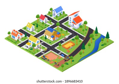 Housing complex under construction - vector colorful isometric illustration. Urban landscape with apartment houses, cottages for sale, road with cars. Builders, realtors, special vehicles. Real estate
