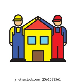 housing concept, two man joining hands in air icon guarding house, linear, vector illustration