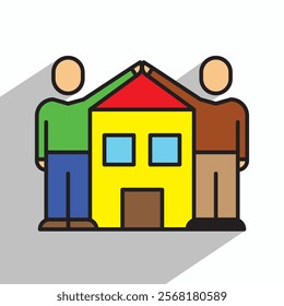 housing concept, two man joining hands in air icon guarding house, linear, vector illustration