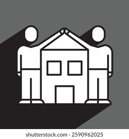 housing concept, two man joining hands in air icon guarding house, linear, vector illustration