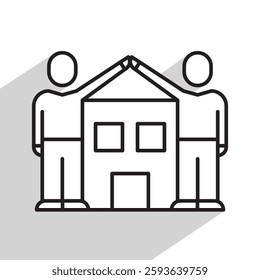 housing concept, two man joining hands in air icon guarding house, linear, vector illustration